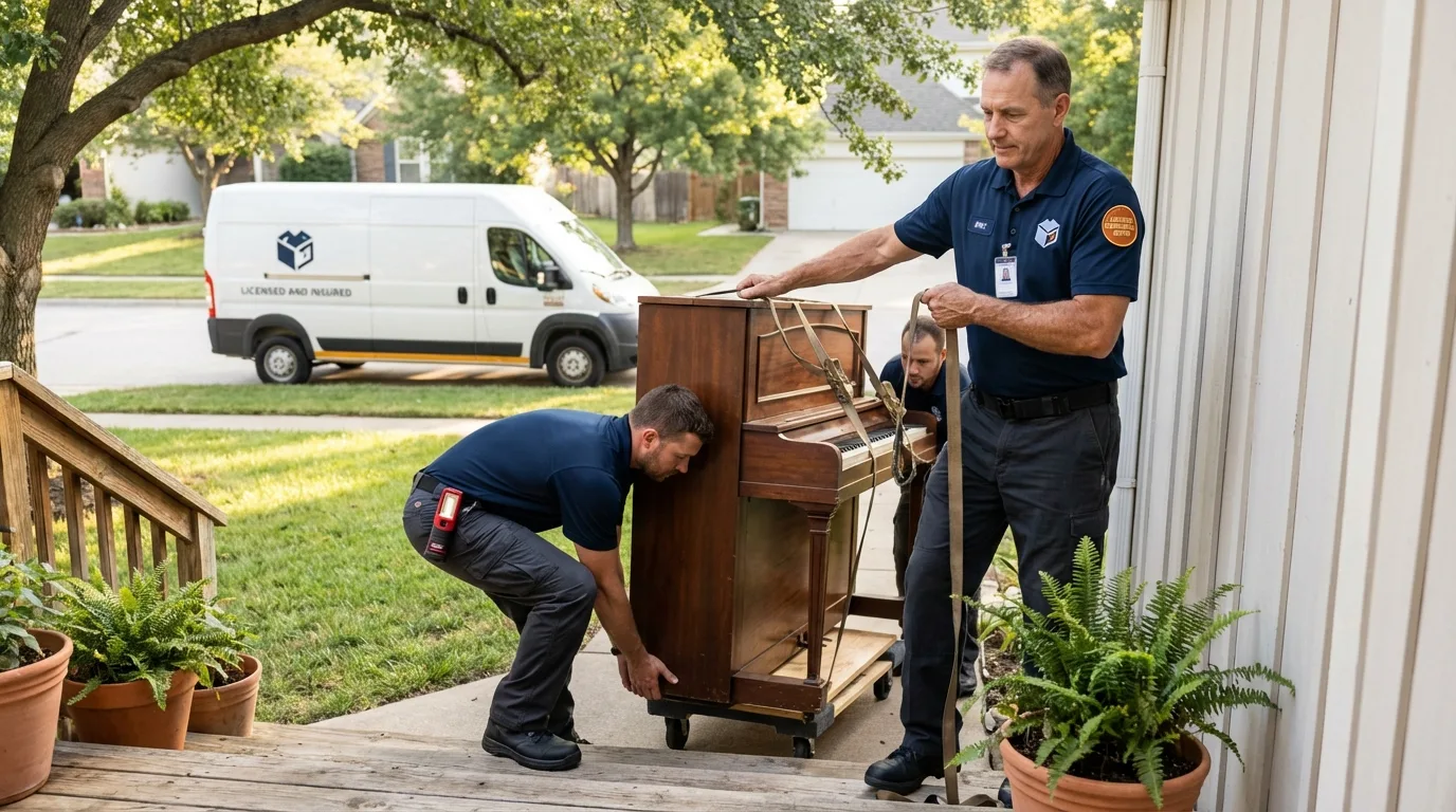 Licensed piano movers securing grand piano in Homer, AK