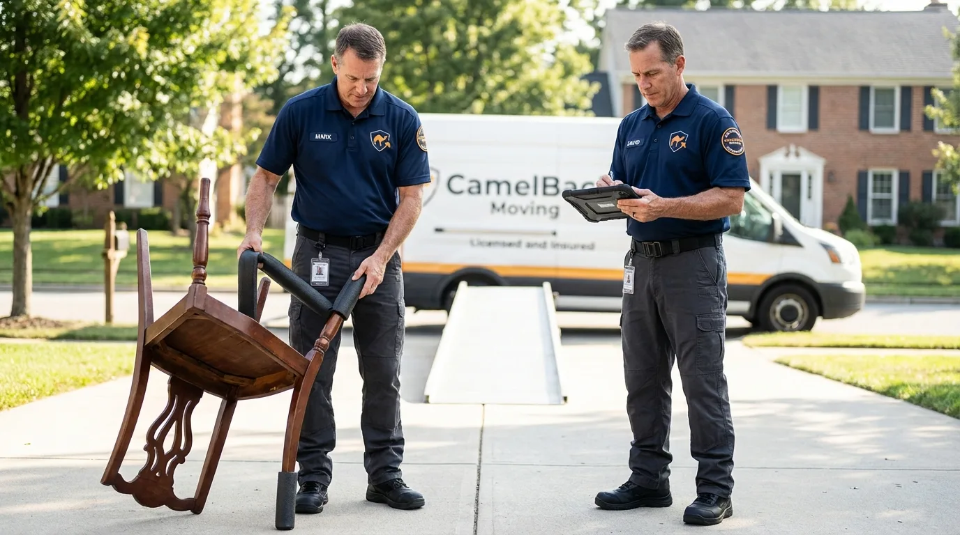 Movers inspecting furniture for damage prevention before loading in Homer, AK
