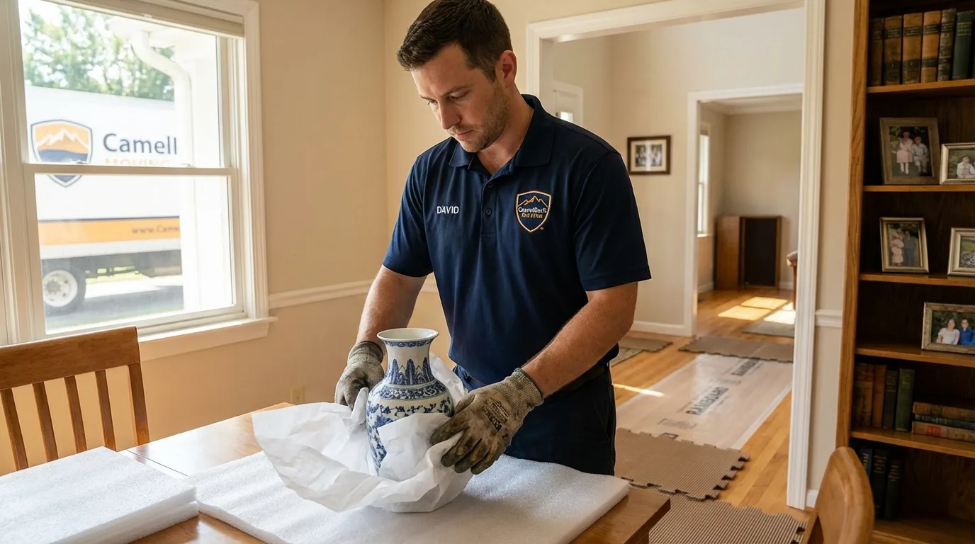 Professional crew carefully wrapping antique vase for senior downsizing move in Homer, AK